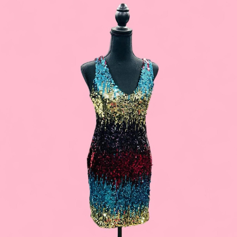 Rainbow Ombré Sequin Stretch Zip Fitted Dress Medium NEW